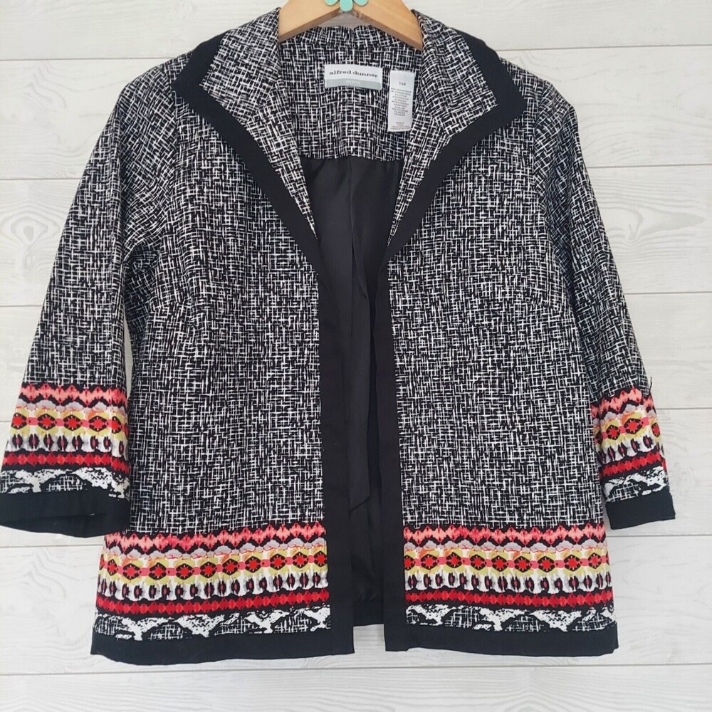 Alfred Dunner Jacket Open Front Black White 10P  3/4 Sleeve Lined